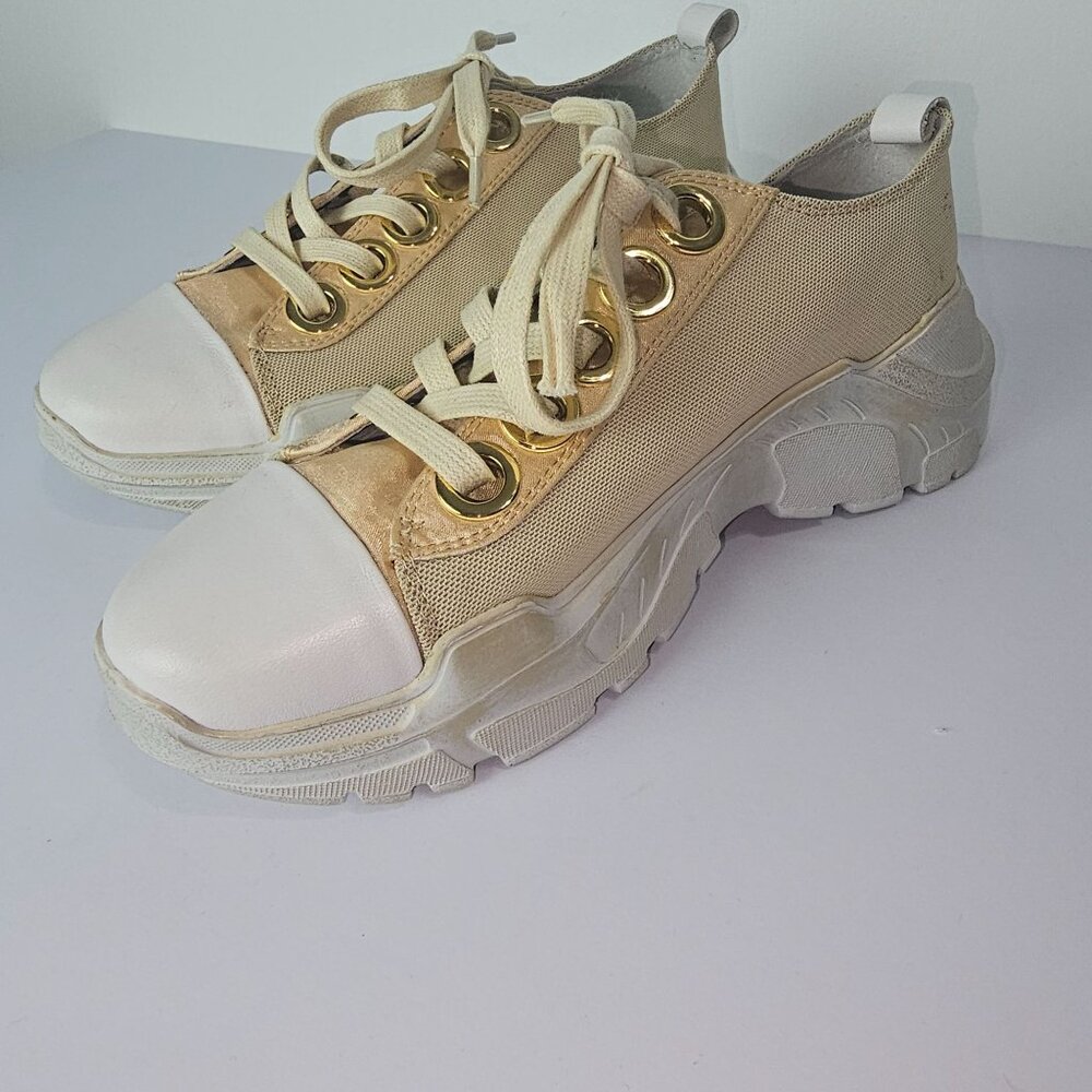 Lola Cruz Gold Mesh, Satin, Leather Chunky Heel Sneakers, Sz 36 - Picture 3 of 10